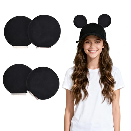 KSWNG 4 Pcs Magnetic Mouse Ears for Hats Removable Ear Clips Decor Accessories for Caps Men Women Families in Theme Parks (Black (2 Pairs))