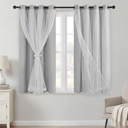 Image of XiDi Grey Curtains 45 Inches Long for Bedroom Living Room 2 Panels Thermal Insulated Kids Curtain Hollow-Out Star Window Nursery Curtains Room Darkening Grommet Window Treatments Light Grey W34 x L45