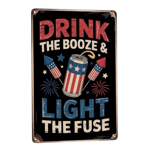 Vintage Drink The Booze And Celebrate Freedom 4th July Beer Firework metal tin sign 8x12 inch decorative wall decor for indoor home, bar, man cave, farmhouse or cabin room