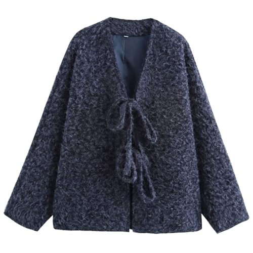 Yimoon Womens Tie Front Fuzzy Jacket Oversized V Neck Bow Fluffy Warm Coat 2024 Fall Loose Long Sleeve Outerwear