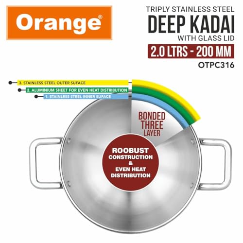 Image of Orange Triply Stainless Steel Deep Kadai with Glass Lid 2.0 litres Capacity (20 cm Diameter) | 20 cm Heavy Bottom with Cool Touch Handle | Silver (Induction and Gas Stove Friendly) | 5 Year Warranty