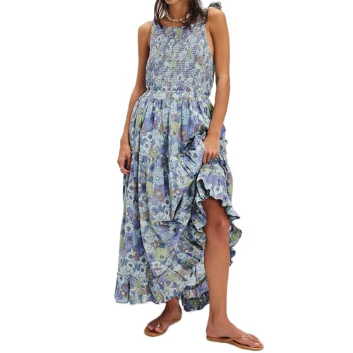Image of Women Y2k Boho Maxi Dress Tie Shoulder Backless Strappy Tiered Flowy Dress 2024 Summer Floral Beach Sundress