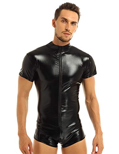 Lejafay Men s Latex Wetlook One-Piece Catsuit Wrestling Singlet Leotard Bodysuit Jumpsuit Clubwear Black L