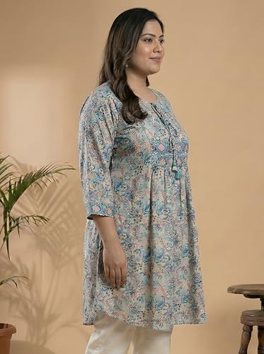 Image of Yash Gallery Women's Polyester Relaxed Fit Short Floral Placet 3 /4 Sleeve and Keyhole Neck Printed Kurti