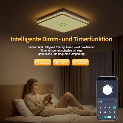 Deckenlampe, 24W LED Deckenleuchte Dimmbar mit APP, 3000-5000K Warmweiß/Naturweiß/Kaltweiß Modern lampe eckig mit Nachtlicht, Badezimmer Lampe decke für Bad Wohnzimmer Küche Flur Schlafzimmer, 32CM
