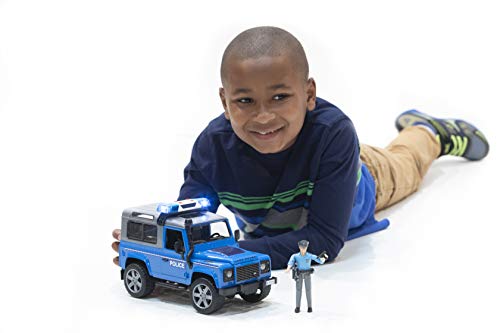 bruder 02597 - Land Rover Defender Station Wagon vehículo policial, agente de policía, equipamiento, módulo de luz y sonido