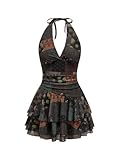 Verdusa Women's Hippie Paisley Tired Layered Halter Dress Ruched Backless Ruffle MInchesi Dresses Brown Small