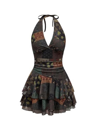 SOLY HUX Women's Vintage Halter Deep V Neck Ruffle Mini Dress Layered Flowy Sundresses Festival Rave Outfits