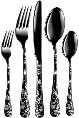 Image of Floral Black 20 Pcs Stainless Steel Cutlery Set for Dining Table, Dishwasher Safe Glossy Flatware (4 Spoon Set+4 Forks Set+4 Butter Knife+4 Dessert Spoon+ 4 FruitFork)