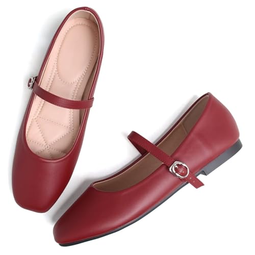 TN TANGNEST Women's Mary Jane Shoes Ballet Flats for Women Comfortable Round Toe Slip On Flats Ankle Strap Flats Red 44(10) 2
