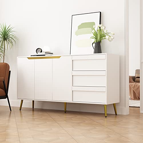 Ecacad Modern Sideboard Buffet Storage Cabinet With 3 Drawers & 3 Doors, Kitchen Cupboard Console Cabinet With Metal Legs For Living Room, Entryway, White (63”L X 15.6”W X 33.4”H) #TOP1
