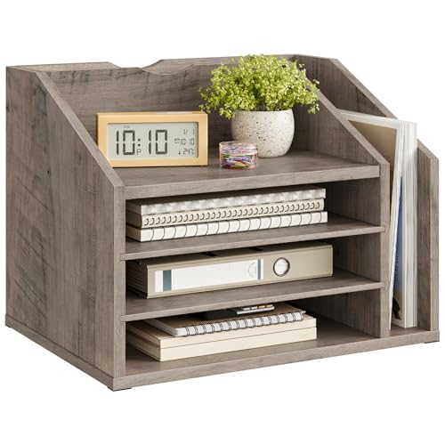CHOEZON Wooden Desk Organizer with Adjustable Partitions, Multi-Layer Desktop File Holder for Home Office, Paper & Stationery Storage Organizer, Greige MWJ04FH