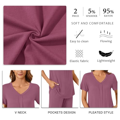 Image of Bestbee Women's Pajama Sets 2 Piece Lounge Outfits Summer Sleepwear V Neck Short Sleeve Capri Pant With Pockets Ladies Pjs