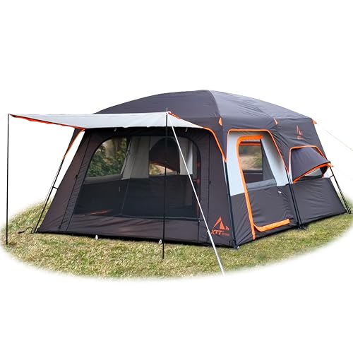 KTT Extra Large Tent 12 Person,2 Bay-Windows,Family Cabin Tents,14.1'Lx10'Wx6.58'H,2 Rooms and 3...