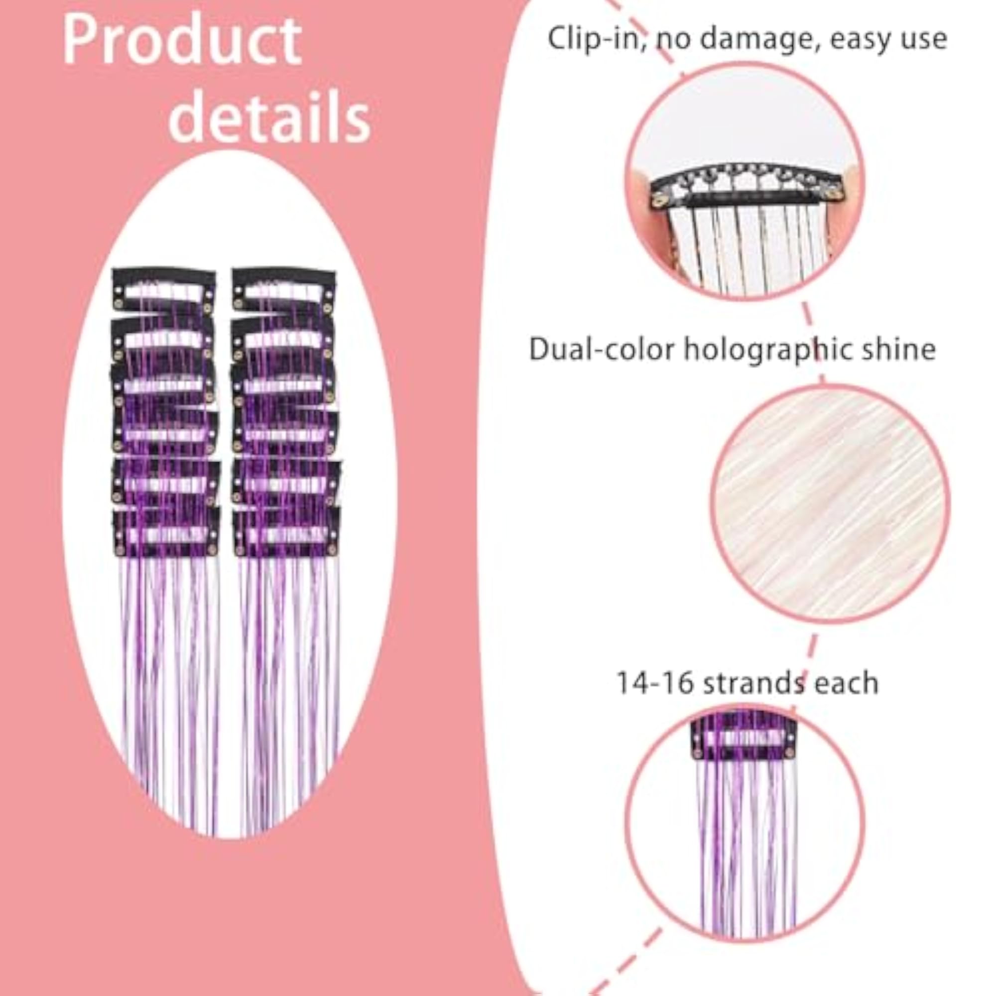 Pink Hair Tinsel Extensions for Women, 24-Piece Set