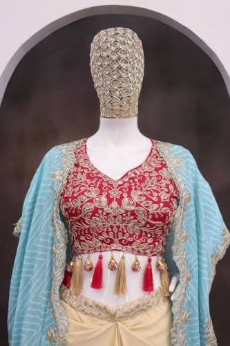 Image of Women Indo Western Dhoti Set with Blouse and Shrug Sequins Embroidery Bandhani Print Ethnic Wear