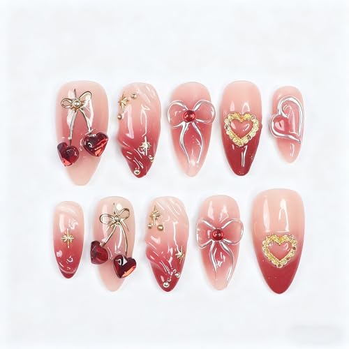 Valentines Press on Nails Medium Almond Fake Nails with 3D Bow Ch...