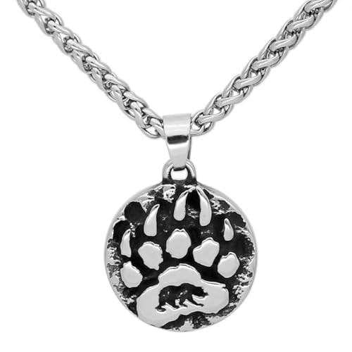 Bijou vintage collier amulette ours avec pendentif patte gravé style nordique rigide