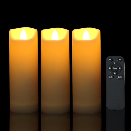Image of Battery Operated Flameless LED Pillar Candle with Remote Cycling Timer, Realistic Plastic Electric Tall Flickering Light for Indoor Outdoor Bookshelf Dinner Party Centerpiece Fireplace Decor Pack of 3