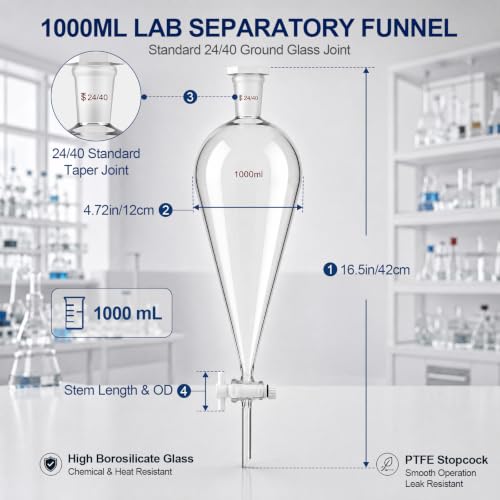 Image of Tellegloww 1000 ml Heavy Wall Conical Separating Funnel Borosilicate Glass | Separatory Funnel, 24 /40 Taper Joint, Ptfe Stopcock, Liquid Extraction, Essential Chemistry Lab Glassware