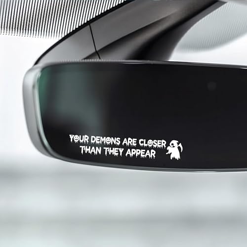 Image of Your Demons White Halloween Vanity Mirror Decals - 2 pcs Funny Stickers, Rear View Mirror Decorations, Goth Car Accessories