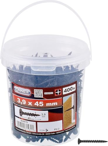 CONNEX B30078 3.5 x 25mm Dry Wall Screws in Bucket, Black, 3,9 x 45 mm (400 Stück)