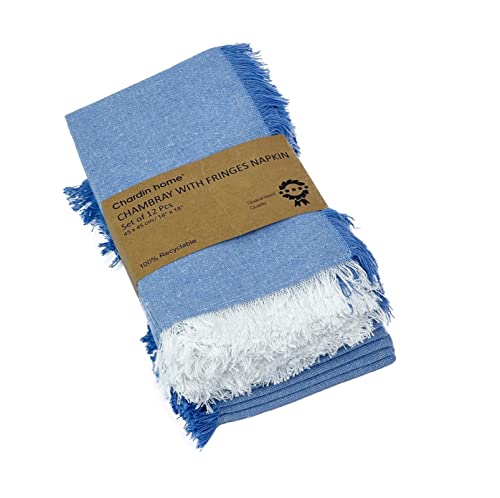 Chardin Home Blue/White Chambray Napkin With Boho Fringes |18X18 Inch Set Of 12 Everyday Linen Look Recycled Cotton Cloth Napkins | Perfect For Holidays Dinner Parties Birthdays Weddings Restaurants #TOP2
