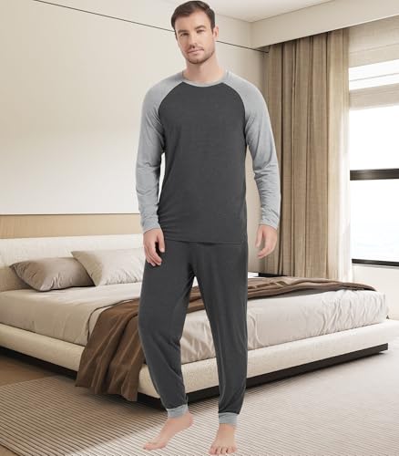 Image of NACHILA Mens Pajamas Set Long Sleeve Henley Sleepwear Top Soft Jogger Pants Pajamas Cool Pjs Set,Viscose Made from Bamboo