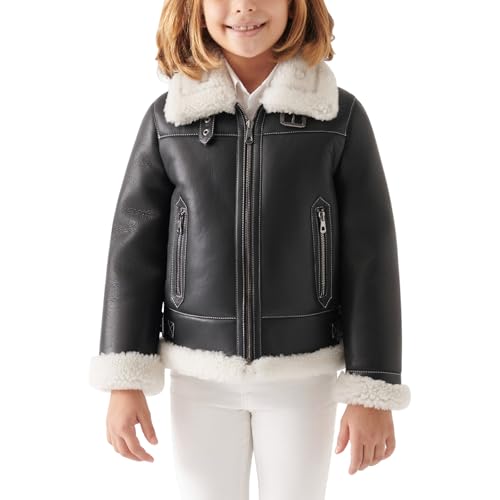 Trifoliate Girls B3 Sheepskin Black Leather Jacket – Winter Faux Fur Lined Bomber Outerwear sherpa Jackets For Kids