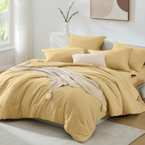 Image of Full Size Comforter Sets-7 Pieces Ultra Soft Bed in a Bag Full Bedding Sets | Prewashed All Season Comforter with Sheets, Pillow Shams & Pillowcases,Butter yellow