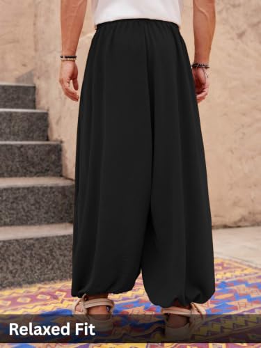 Image of Leriya Fashion Men's Boho Hippie Harem Pants | Black Printed Wide-Leg Trousers | Koren Streetwear Loose Baggy Fit Summer Lounge Yoga Lowers | Men's Solid Cowl Dhoti Pants | Relaxed Fit Draped Harem