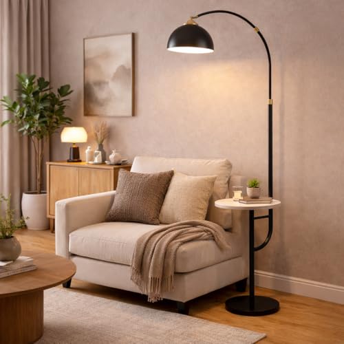Image of Modern Floor Lamp with Shelf for Living Room | Black Metal Standing Lamp with Built-in Table | LED Floor Lamp for Bedroom, Reading Corner & Home Decor