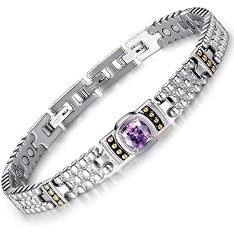 RainSo Women's Magnetic Bracelets Stainless Steel Purple Gemstone Crystal Inlaid Design Adjustable Sizing Tool with Display Box (Silver) Cover