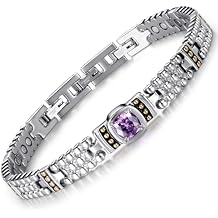RainSo Womens Magnetic Bracelets Stainless Steel Purple Gemstone Crystal Inlaid Design Adjustable Sizing Tool with Display Box Silver