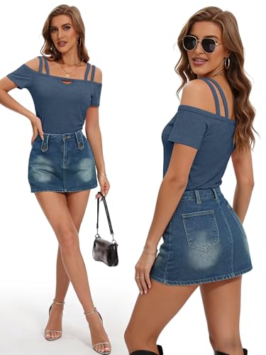 Image of Bliwov Womens Cold Shoulder Tops Short Sleeve Cute Sexy Summer Spring Beach Vacation T Shirts Fashion Outfits Basic Clothes