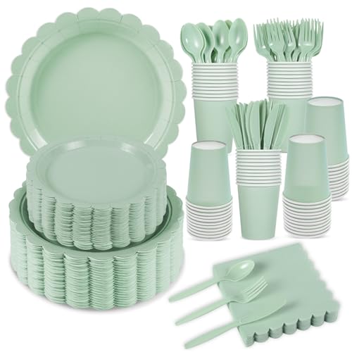350 Pcs Sage Green Paper Plates and Napkins, Sage Green Party Supplies Include Green Scalloped Plate Paper Napkin Cup Plastic Cutlery for Baby Shower, Wedding, Birthday
