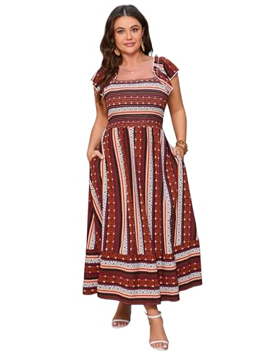 Image of ShopWonder Women Plus Size Maxi Dress Smocked Short Sleeve High Waist Boho Casual Summer Dress