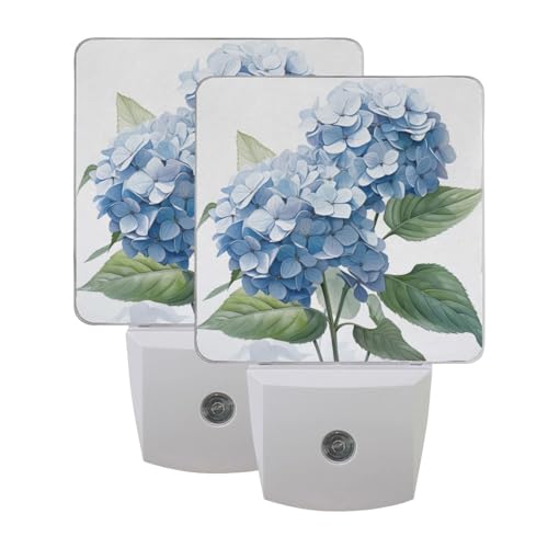 Image of Blue Hydrangeas Flower Night Lights 2 Pack Plug-in Wall Led Nightlight Auto Dusk-to-Dawn Sensor Lamps for Bedroom Kitchen Bathroom