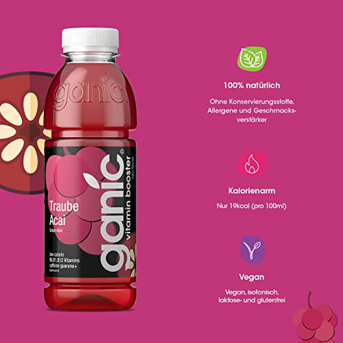 ganic Traube Acai - aromatisiertes Wasser, Vitaminwasser - Magnesium, Vitamin B6 und B12 - Kalorienarm, Vegan (12 x 500 ml) (Packung mit 2)