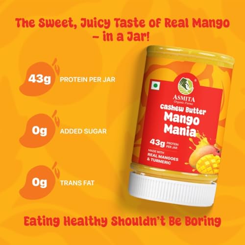 Image of Asmita Organic Farms Mango Mania Cashew Butter 250g | Sweetened with Monk Fruit | Naturally Yellow with Turmeric | High Protein Creamy Spread | No Palm Oil, No Preservatives | Perfect for Toast & Smoothies