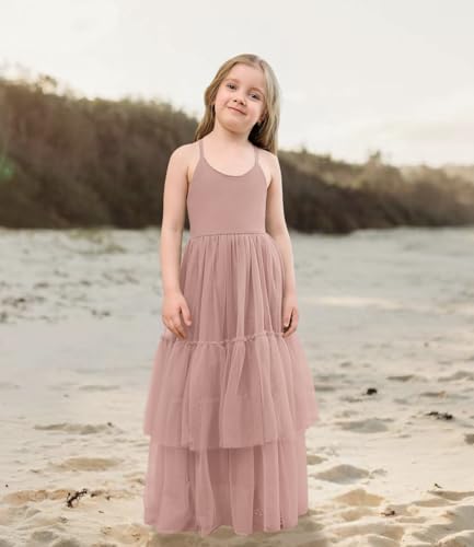 Boho Flower Girls Dress Tulle Backless Ruffle Girls Dress Beach Wedding Tiered Flowy Party Maxi Gown3