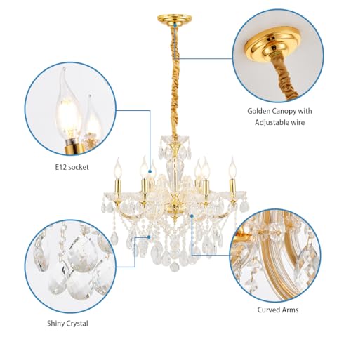 Image of YLONG-ZS 6-Light Crystal Gold Chandelier Light Fixture for Bedroom,Modern Pendant Light Crystal Raindrop Lighting Hanging Chandelier for Living Room, Kitchen,Dining Room, Bedroom,Entryway