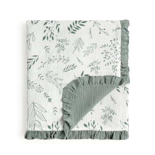 Image of CREVENT 40''X40'' 100% Organic Cotton Muslin Baby Blanket for Newborns, Essential for Baby Shower Birthday Gift - Green Leaves with Trim 100X100cm