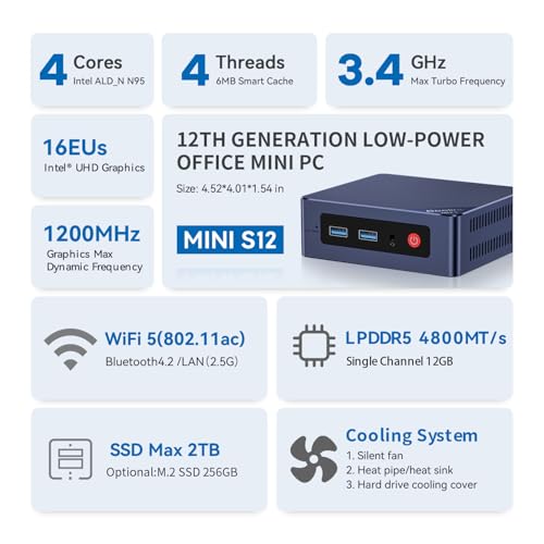 Image of Beelink MINI S12 Mini PC with N95 Processor, 12G LPDDR5 480G SSD 4K UHD Mini Computer, WiFi5 /BT4.2 /2.5G LAN, Desktop Computer Support Dual HDMI Ports, Business Mini Computer Support W11 Home