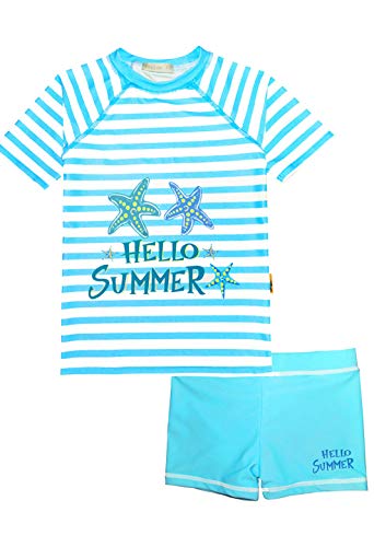 Baby Toddler Girls Two Pieces Seastar Rash Guard Swimsuit Set Blue Swimwear Short Sleeve Bathing Suit UPF 50+ 3-4T