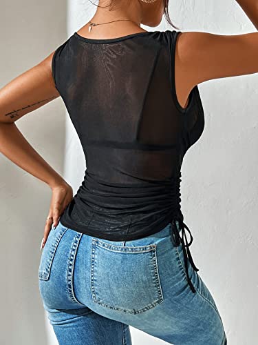 Verdusa Women's Sheer Mesh Ruched Drawstring Tie Side Draped Neck Sleeveless Tank Top Black S #TOP1