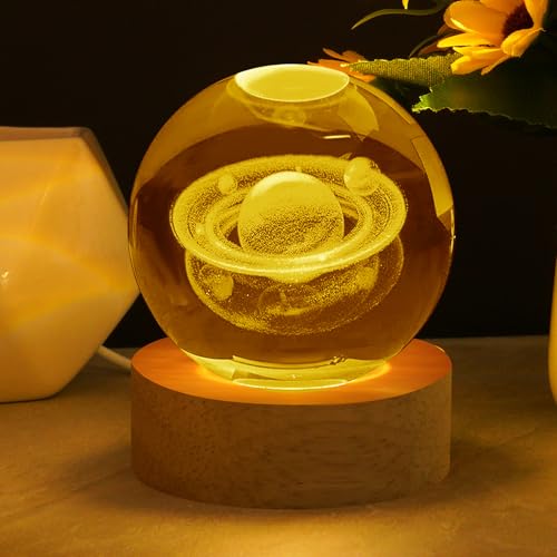 Vicloon 3D Saturn Planet Night Light, 3D Planets Crystal Ball with Wooden...