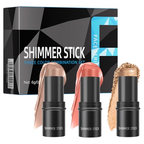 Juego de 3 barras de maquillaje Shimmer Stick, iluminador, colorete y contorno, crema de maquillaje para cara, ojos y labios, fáciles de mezclar, resistentes al agua y de larga duración