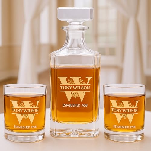 Gifts Inscribed Personalized Whiskey Decanter Set - Engraved Whiskey Decanter Bottle & Set of 2 Custom Drinking Glasses Laser Etched - Customized Whisky Gift for Wedding, Birthday, Fathers Day