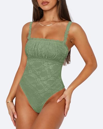 Saslax Women's Sexy Square Neck Lace Sleeveless Bodysuit Tank Tops Double Lined Body Suit Thong Outfits